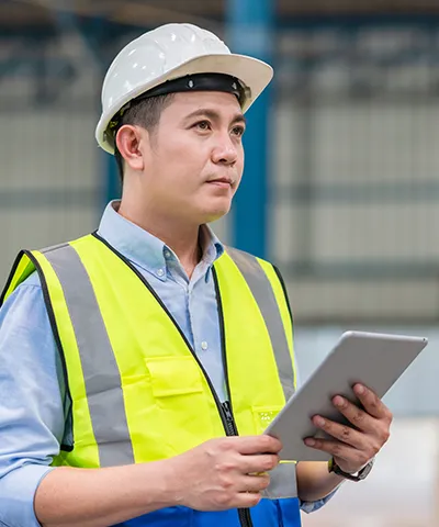 Engineer in hard hat and safety vest holding a tablet inside an industrial facility