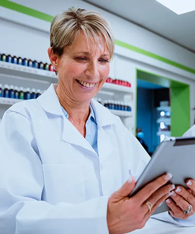 Lab technician in a white coat smiling while using a tablet in a laboratory