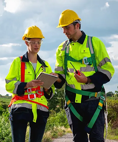 Two workers in high-visibility jackets and hard hats reviewing a tablet at an outdoor worksite