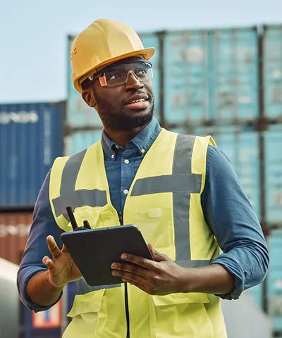 Worker in a hard hat holding a tablet at a shipping container site