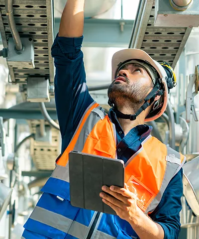 Industrial technician in a safety vest inspecting overhead equipment with a tablet