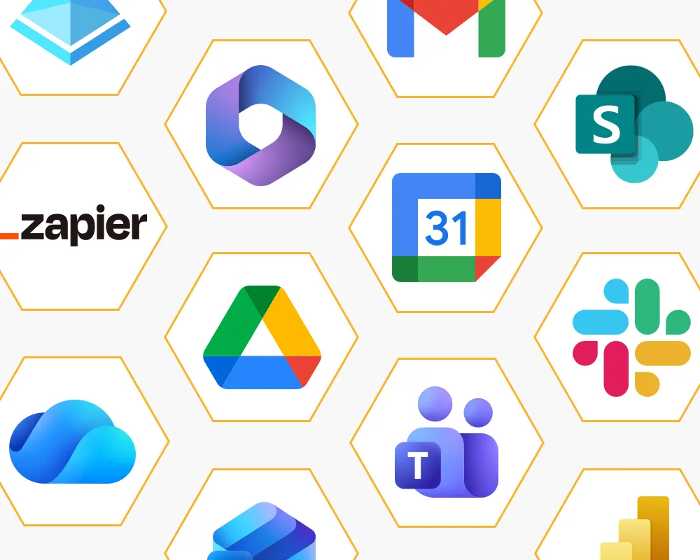 Grid of app logos including Google Drive, Gmail, Slack, Teams, and other integrations