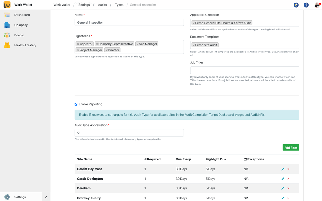 Health and Safety Software Settings