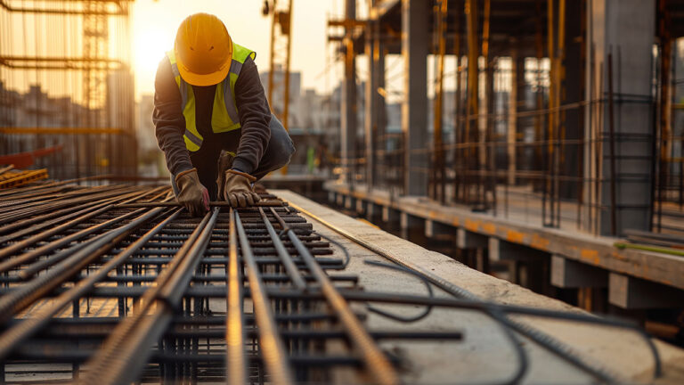 Construction worker tying rebar on a site at sunset