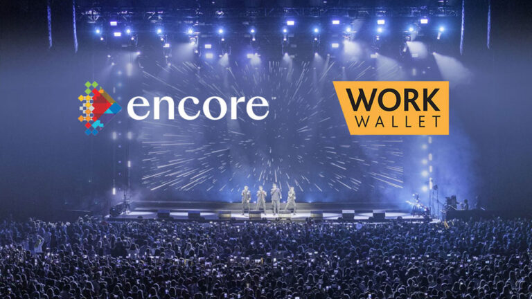 Encore and Work Wallet logos displayed above a concert stage with a large crowd
