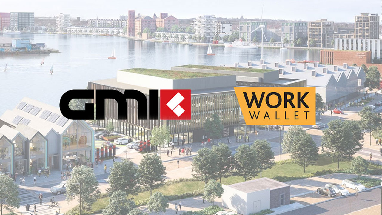 GMI and Work Wallet logos over an image of a modern waterfront development