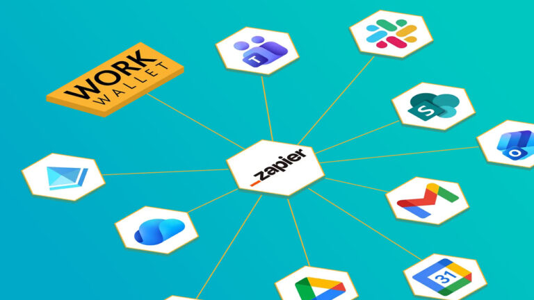 Work Wallet and Zapier integration graphic connecting productivity apps