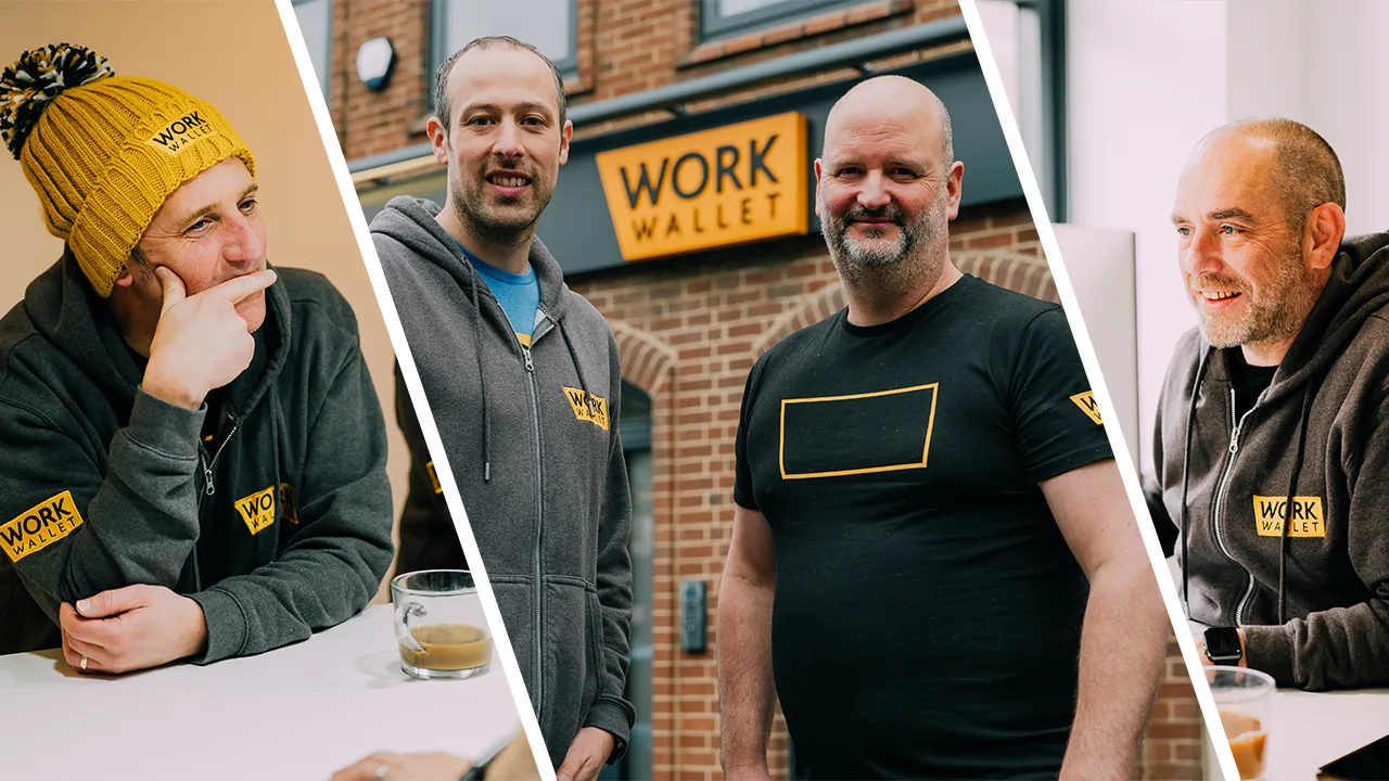 Collage of Work Wallet team members in branded clothing, inside and outside office