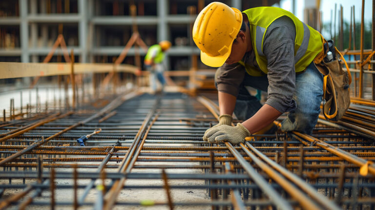 Construction worker bending to tie steel rebar on a building foundation