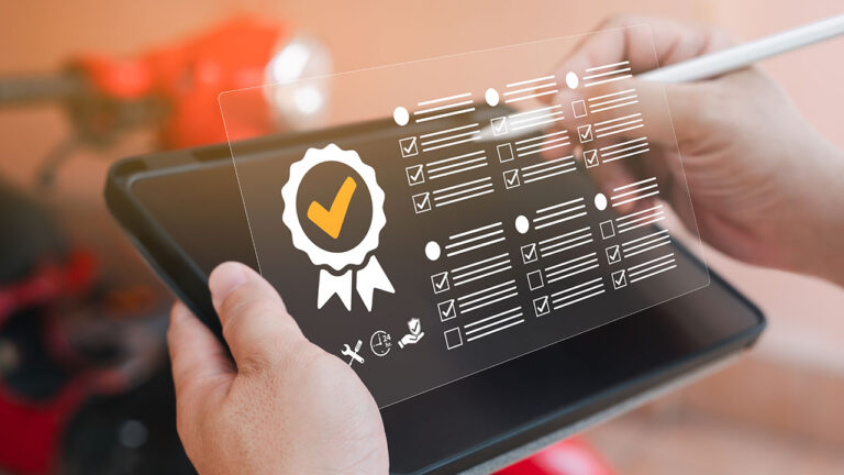 Person using a tablet with a digital checklist and certification icons overlayed