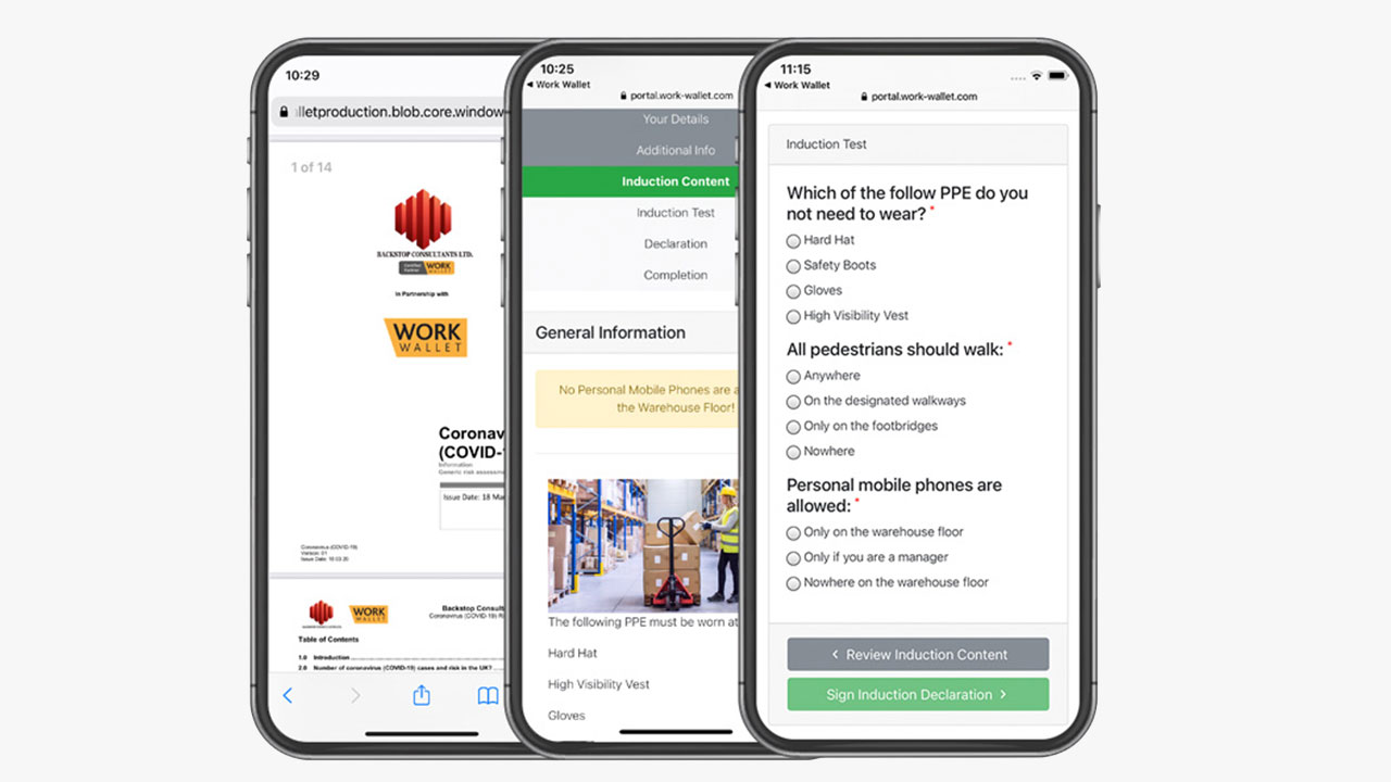 Three smartphones display digital safety induction forms and documents on their screens