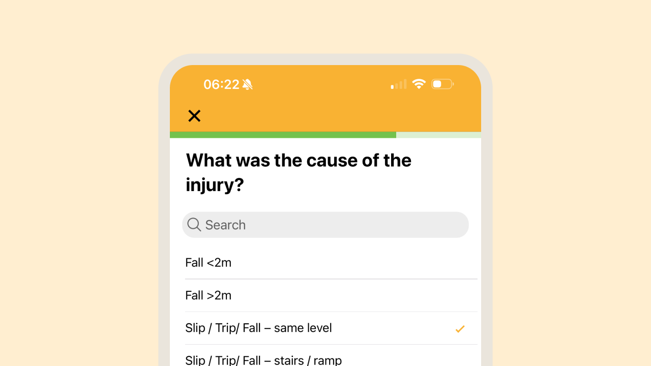 Mobile app screen asking "What was the cause of the injury?"
