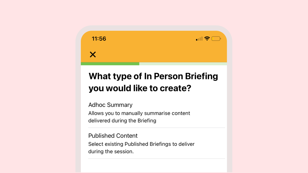 Mobile app screen asking about the type of in-person briefing to create