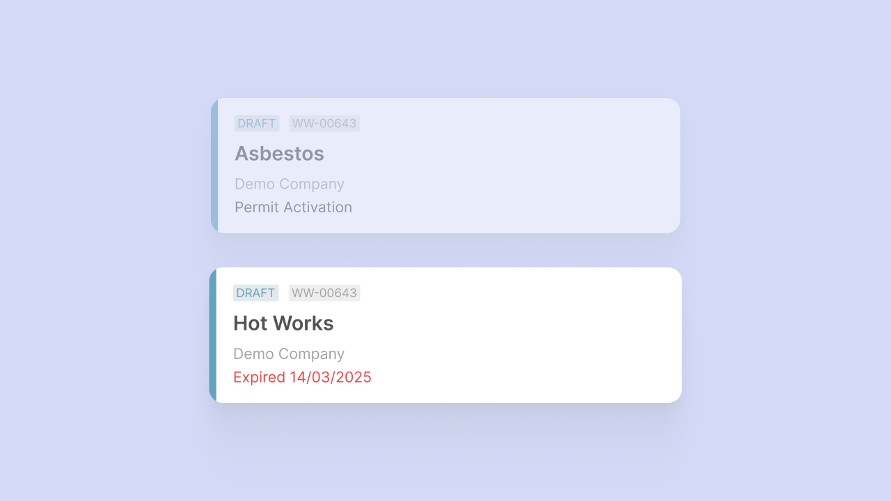 Permit list showing Asbestos and Hot Works drafts, one marked expired