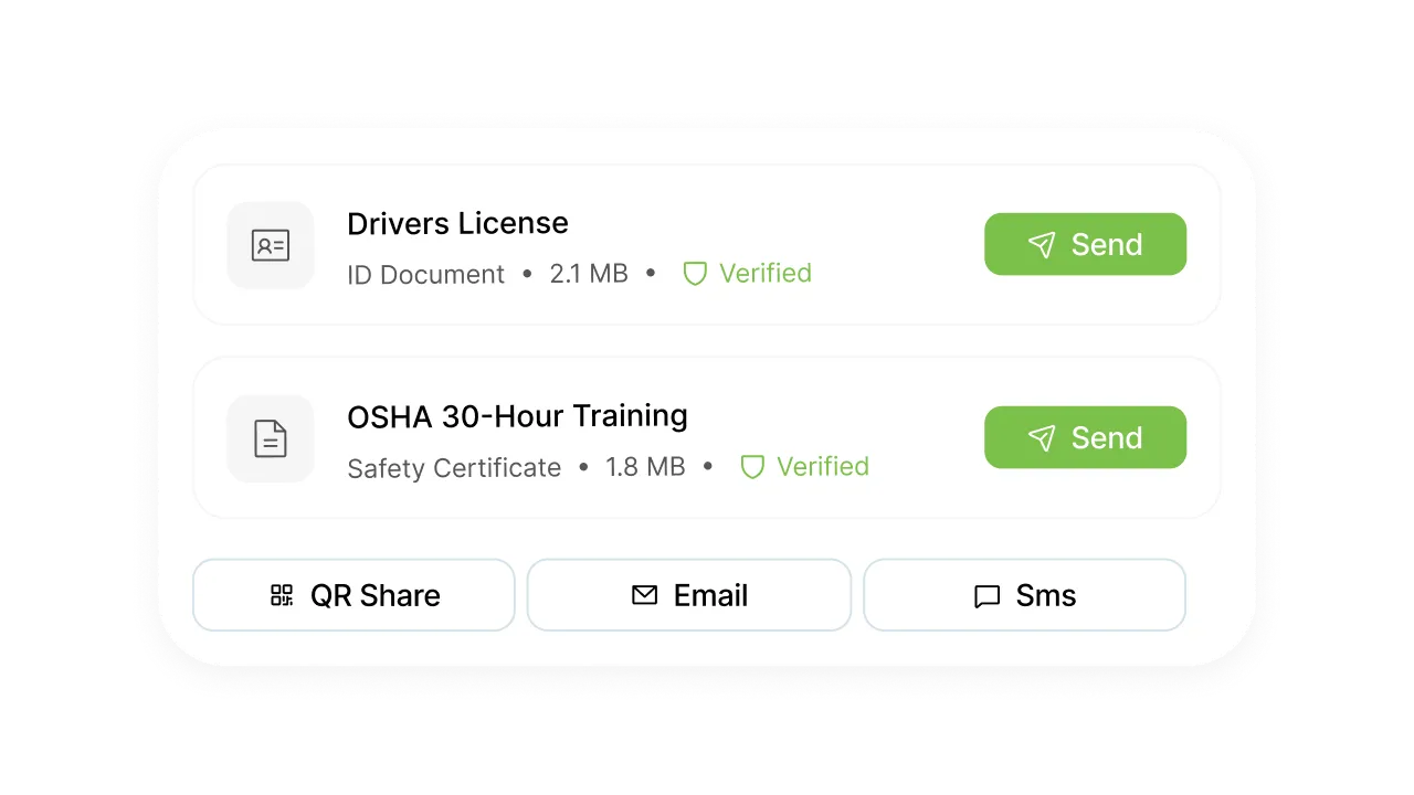 Verified digital documents listed as Driver's License and OSHA 30-Hour Training