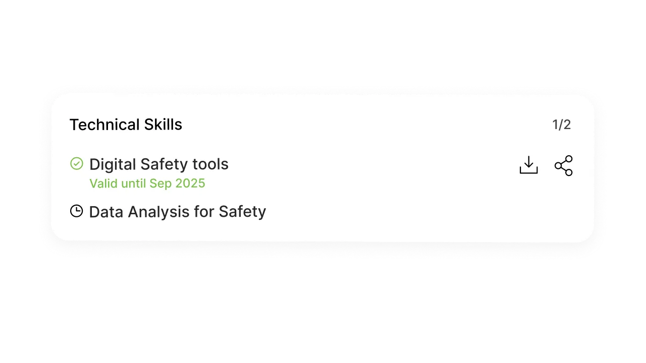 Technical skills list showing Digital Safety Tools valid until September 2025