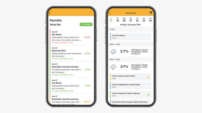 Two smartphone screens display digital permits and a site diary with weather and job details