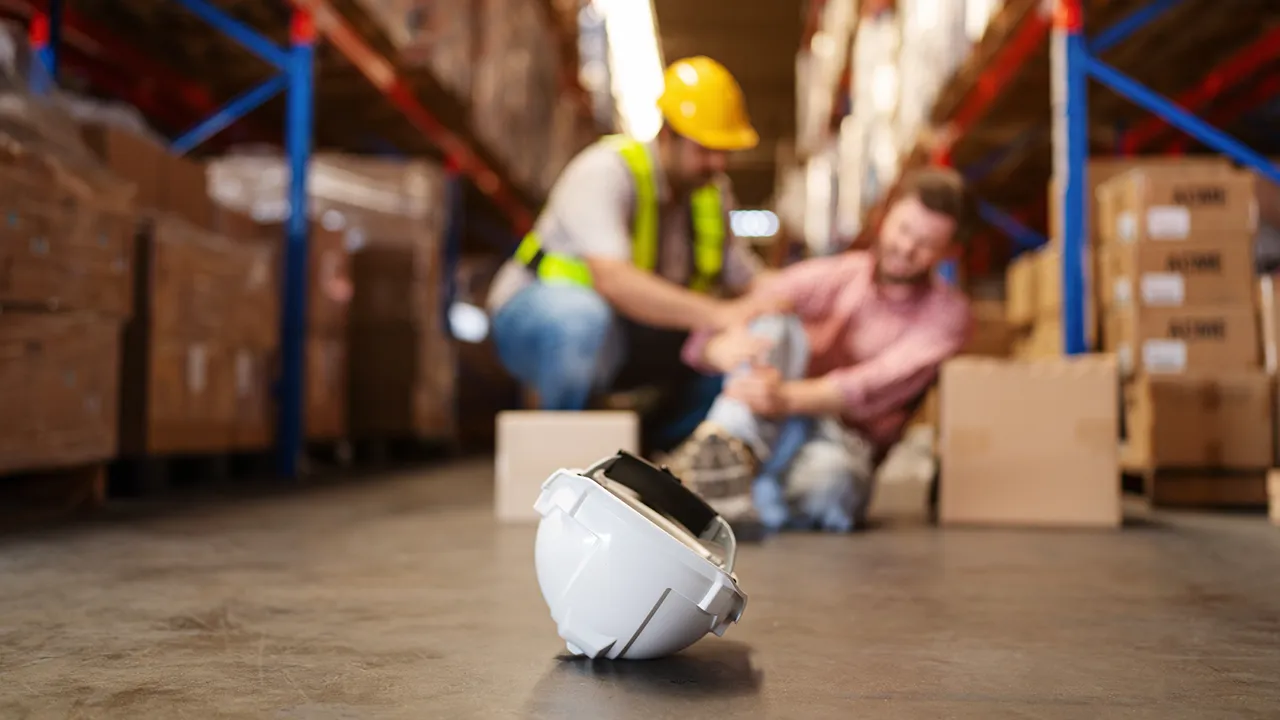 White hard hat on warehouse floor with worker helping injured colleague in background