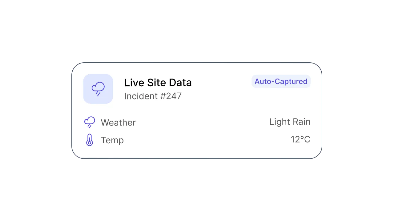 Live site data panel showing weather and temperature automatically captured