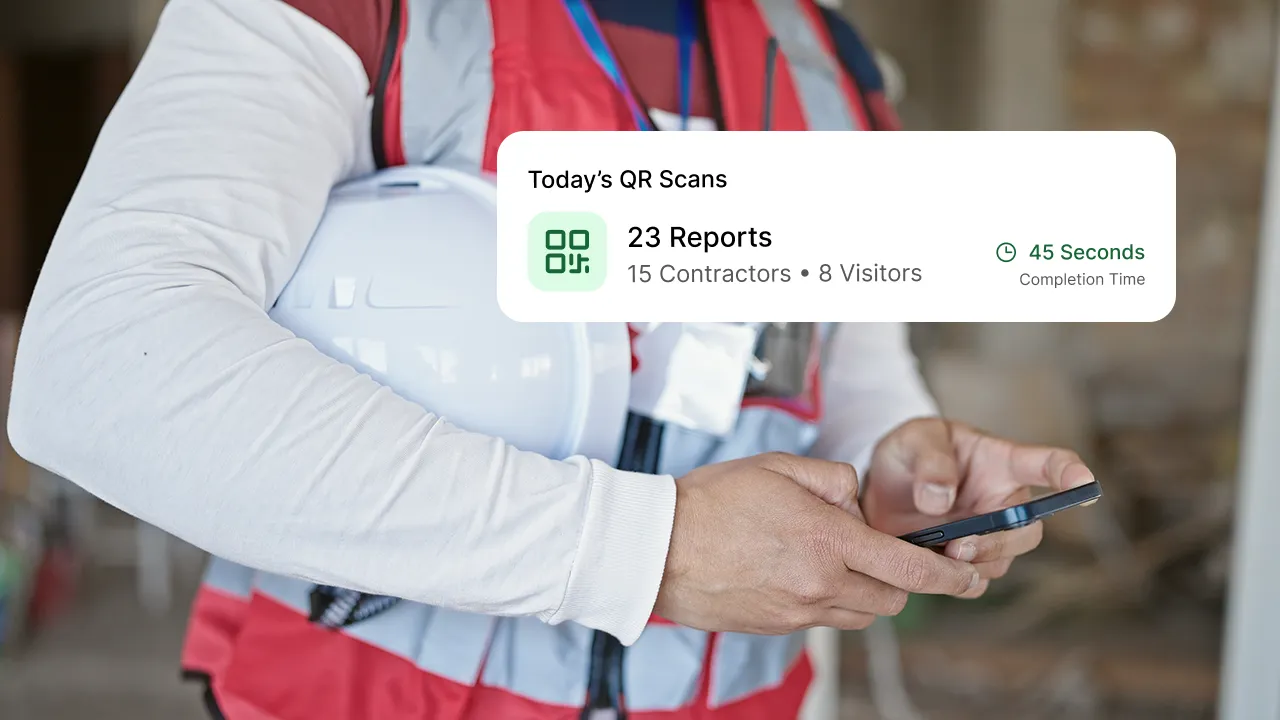 Construction worker checking smartphone with QR scan report overlay
