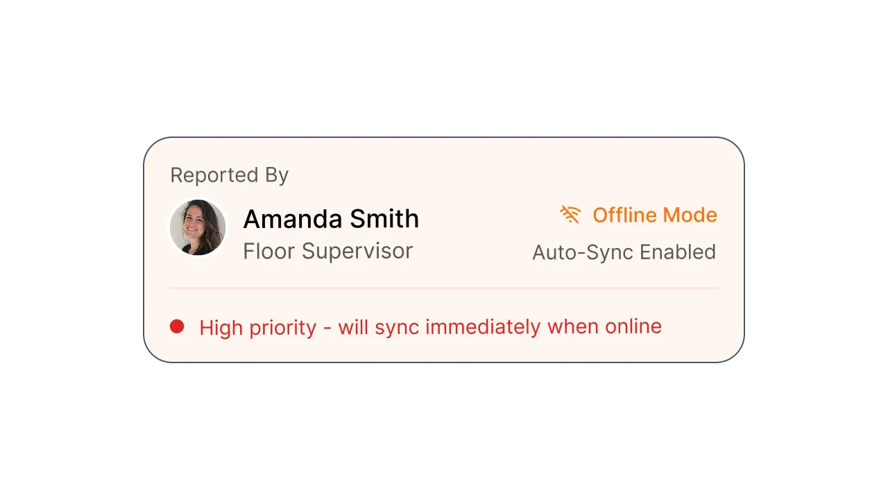 Report card showing incident details, reporter info, and offline sync status
