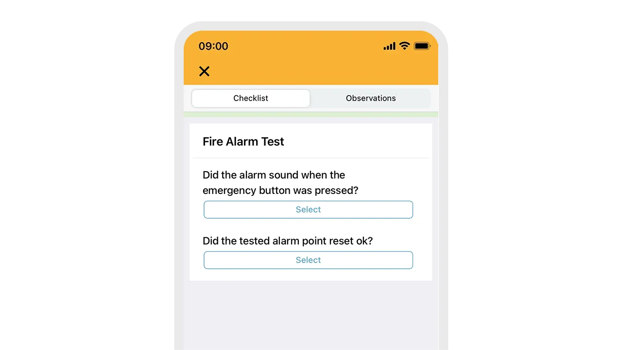 Mobile screen showing a fire alarm test checklist with two questions about alarm sound and reset