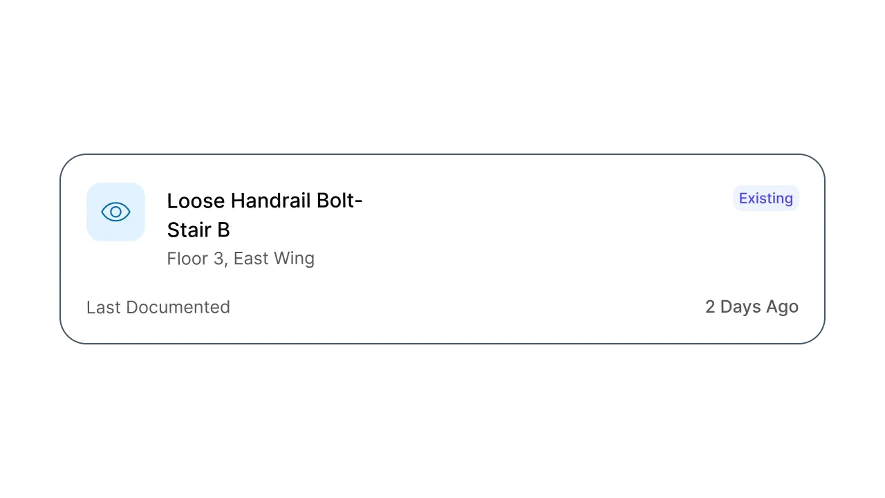 Notification card reporting a loose handrail bolt on stair B, last documented two days ago