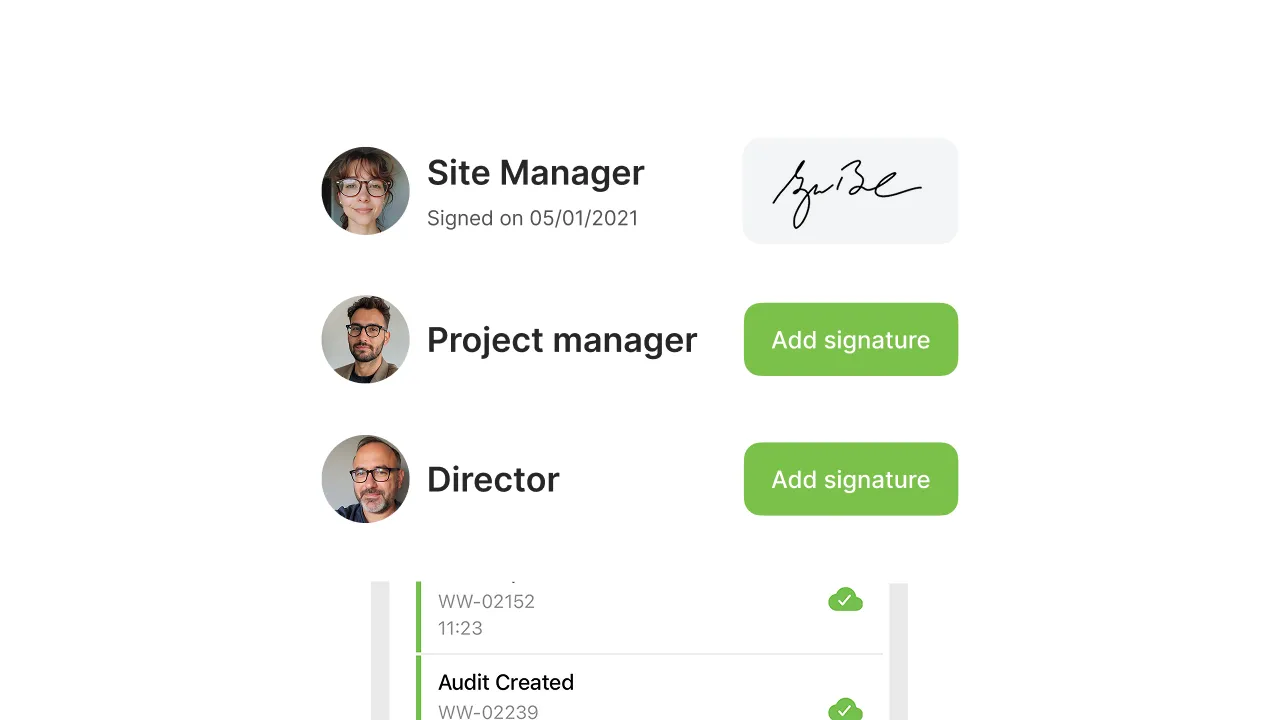 Digital signature collection screen for site, project, and director approval