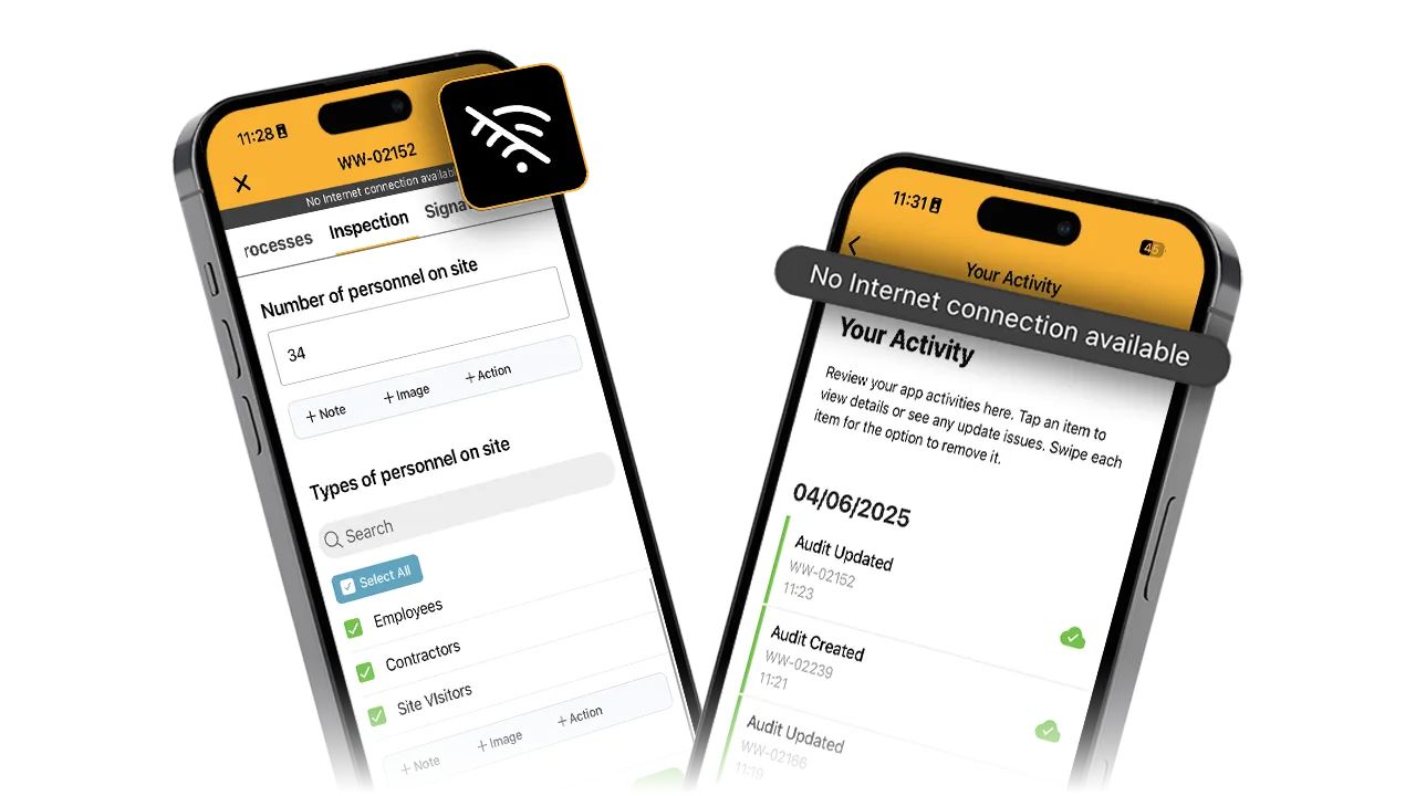 Two phones showing Work Wallet offline audit mode with sync-ready updates