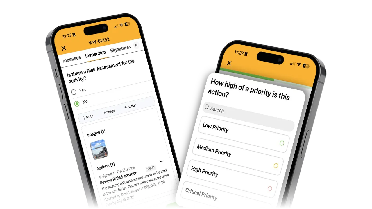 Work Wallet audit app screens showing risk assessment and action priority options