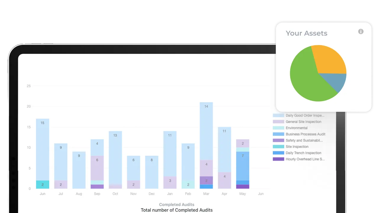Work Wallet dashboard with bar and pie charts showing completed audit data
