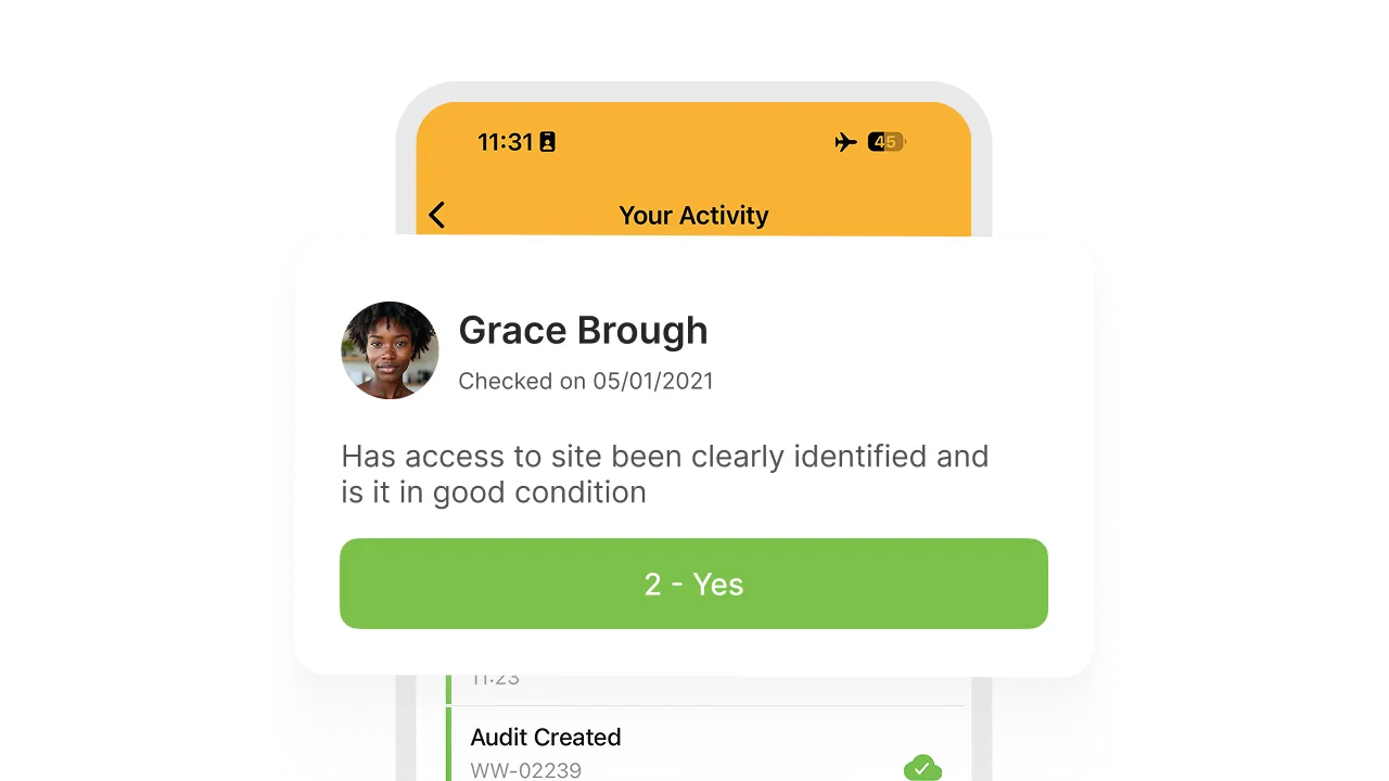 Work Wallet app screen showing site audit question answered with confirmation