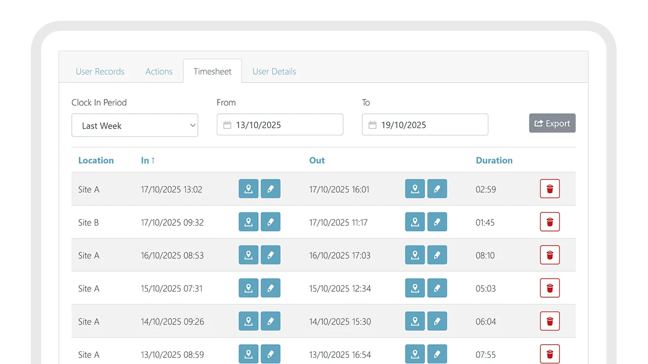 Timesheet view listing work locations, clock-in and out times, and durations