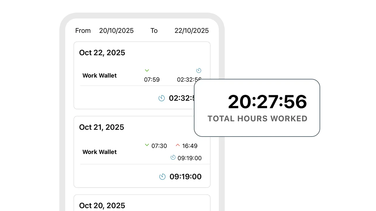 Mobile screen showing total hours worked across multiple dates and sessions