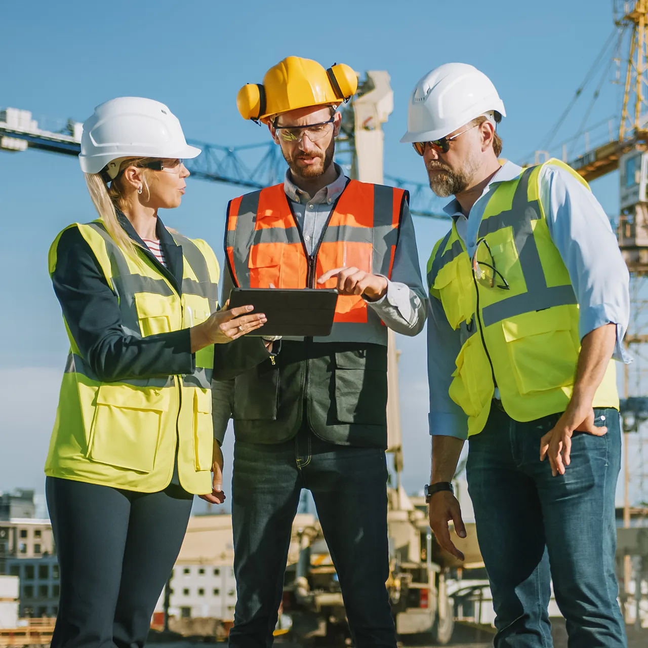 Health and safety team discussing work plans on a construction site