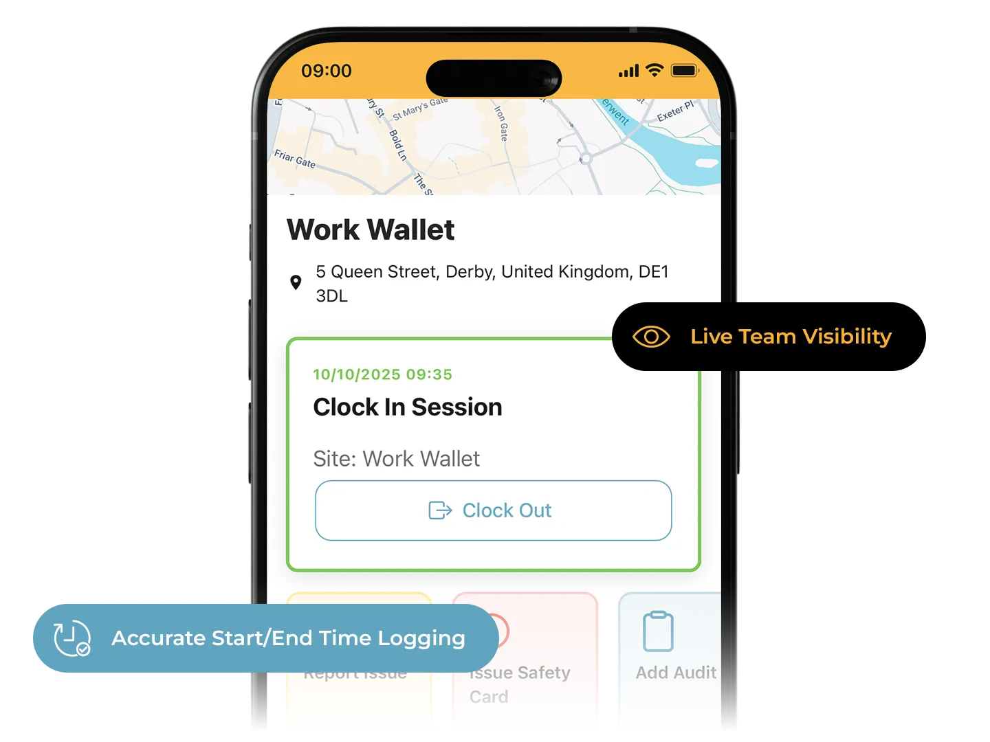 Work Wallet app screen showing live clock-in session with map and timestamp