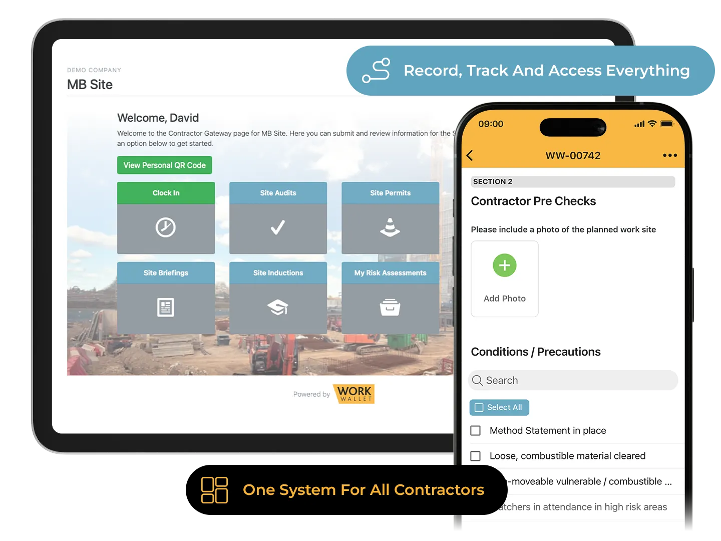 Work Wallet contractor portal showing options for audits, inductions, and pre-checks