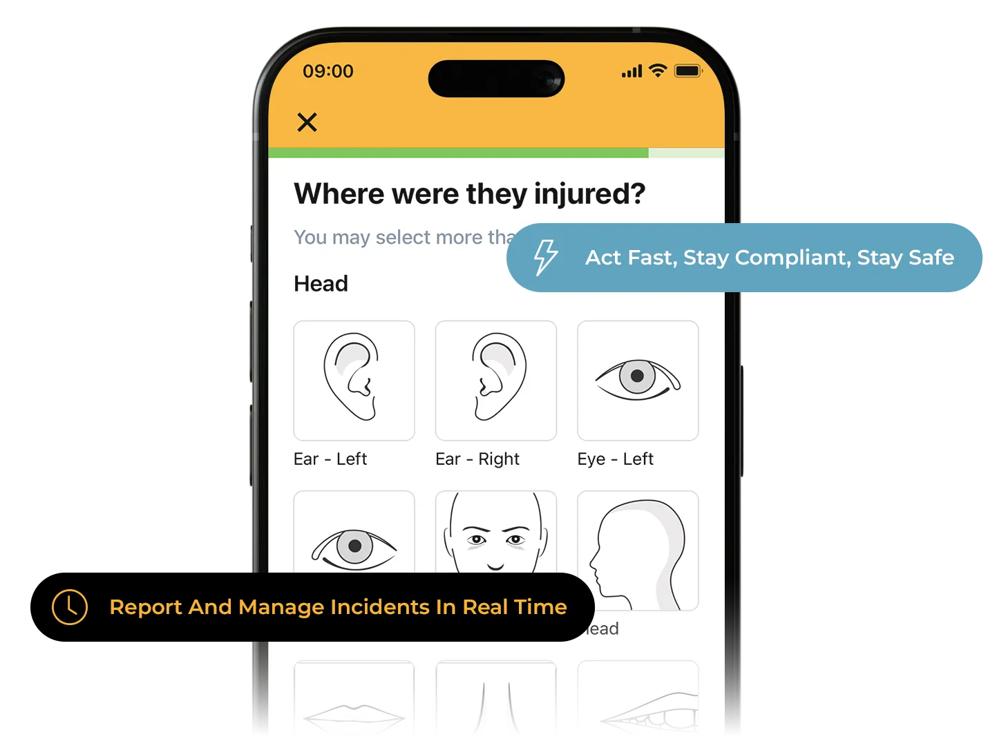 Work Wallet app screen showing injury report options with icons of body parts