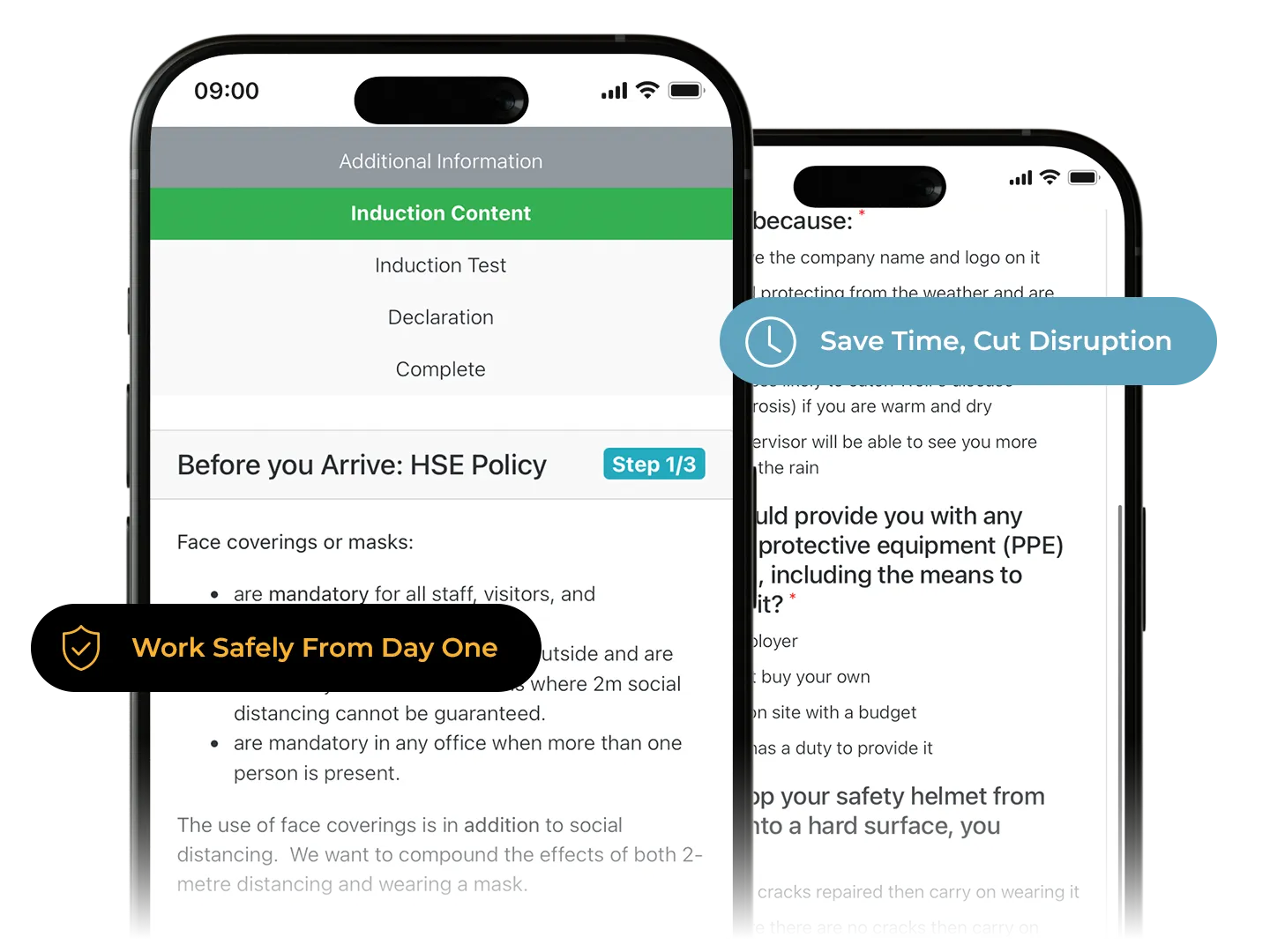 Work Wallet induction screens showing health and safety policy steps