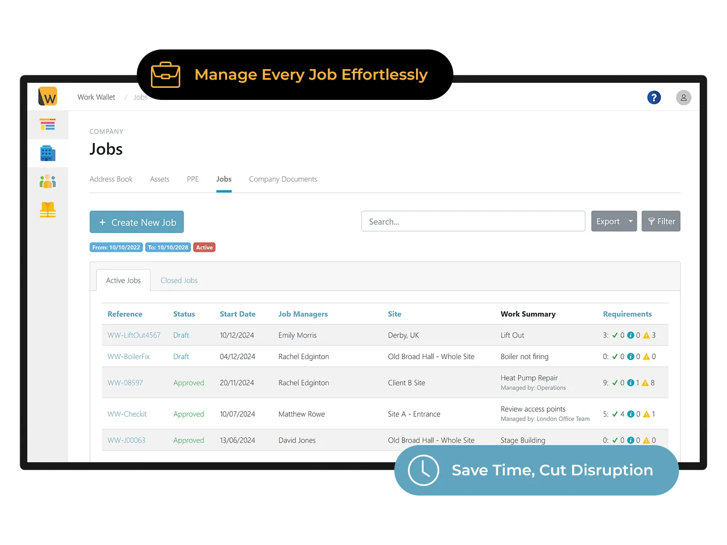 Work Wallet job management dashboard showing project details and progress