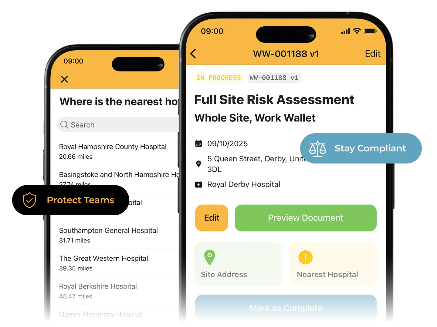 Work Wallet app displaying risk assessment form and nearest hospital search