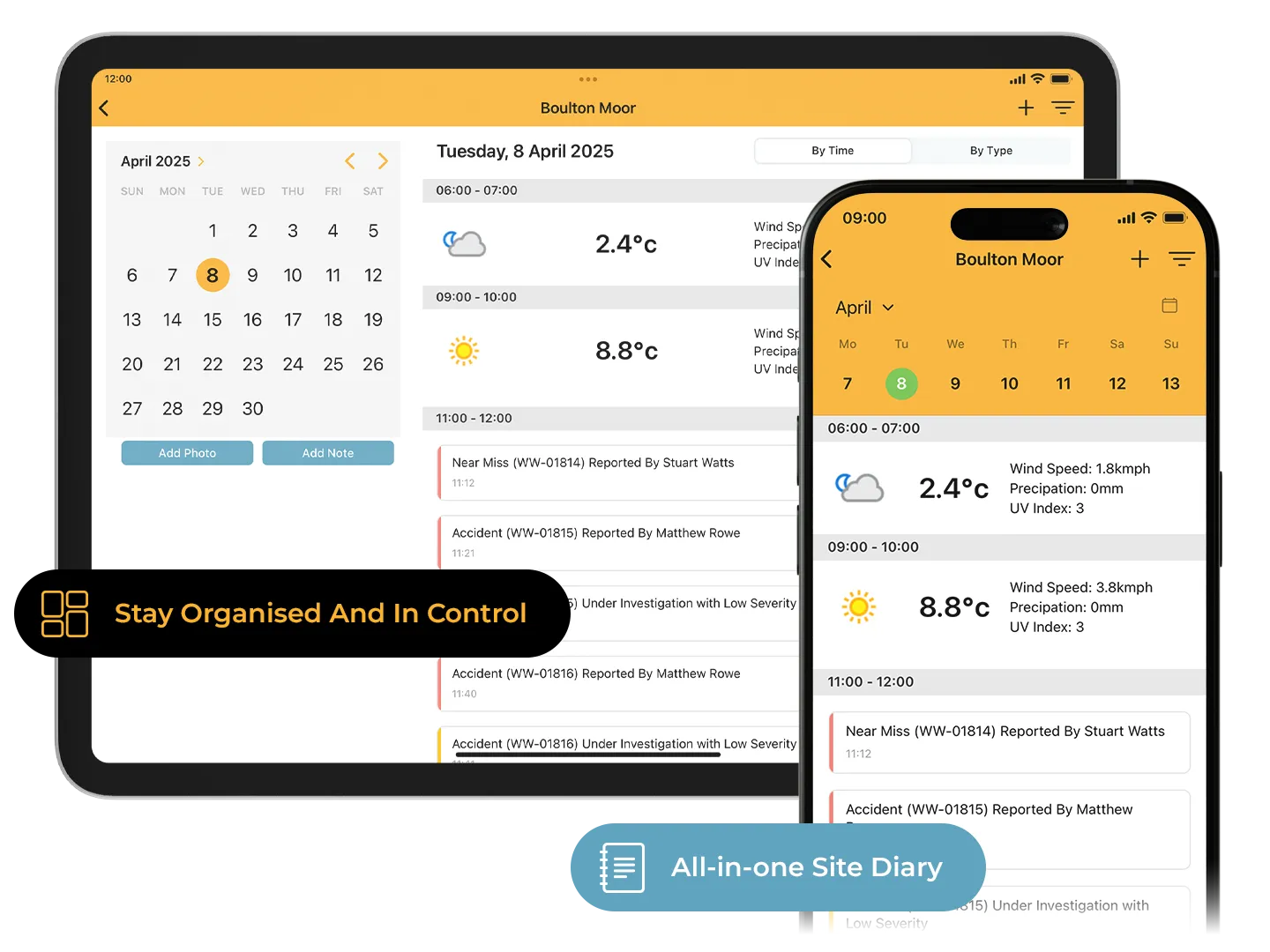 Work Wallet digital site diary displaying daily logs, weather, and incident records