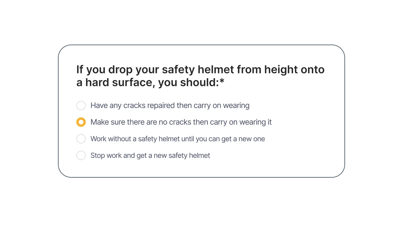 Multiple-choice safety question about actions after dropping a safety helmet