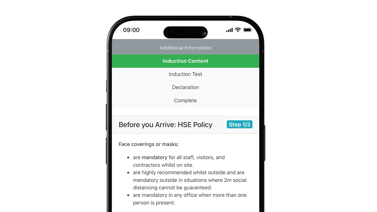 Mobile screen showing Work Wallet induction step with HSE policy details