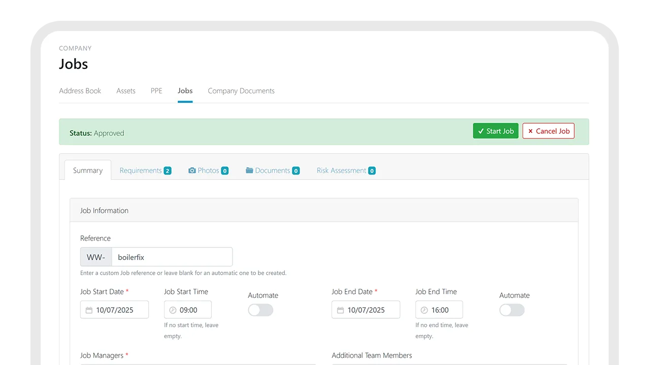 Work Wallet job management screen displaying job details, start and end times, and approval status