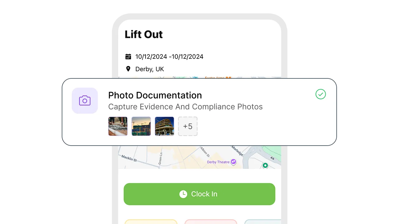 Mobile screen showing photo documentation section with site photos and map