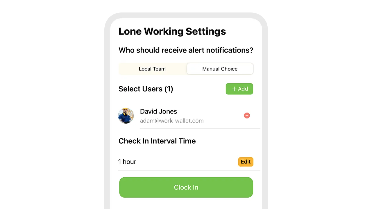 Lone working settings screen showing alert recipient and check-in interval