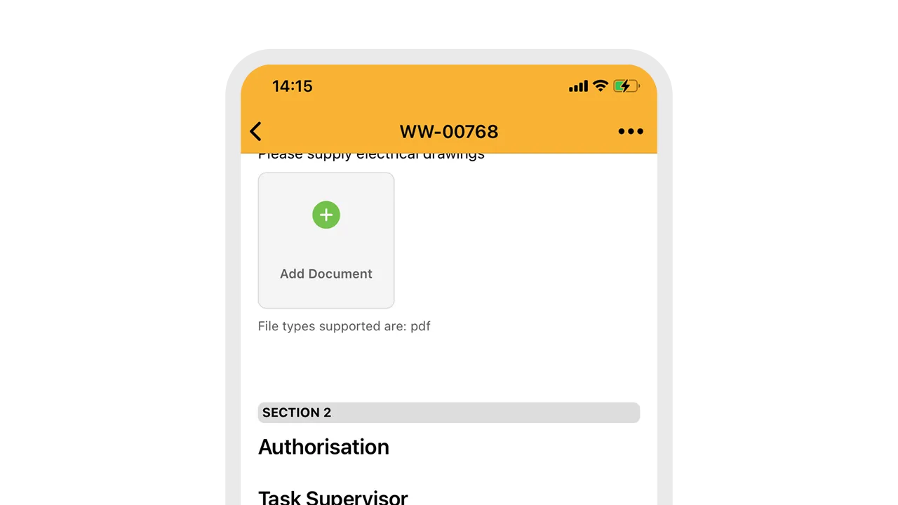 Work Wallet permit form with option to add documents and supervisor authorisation