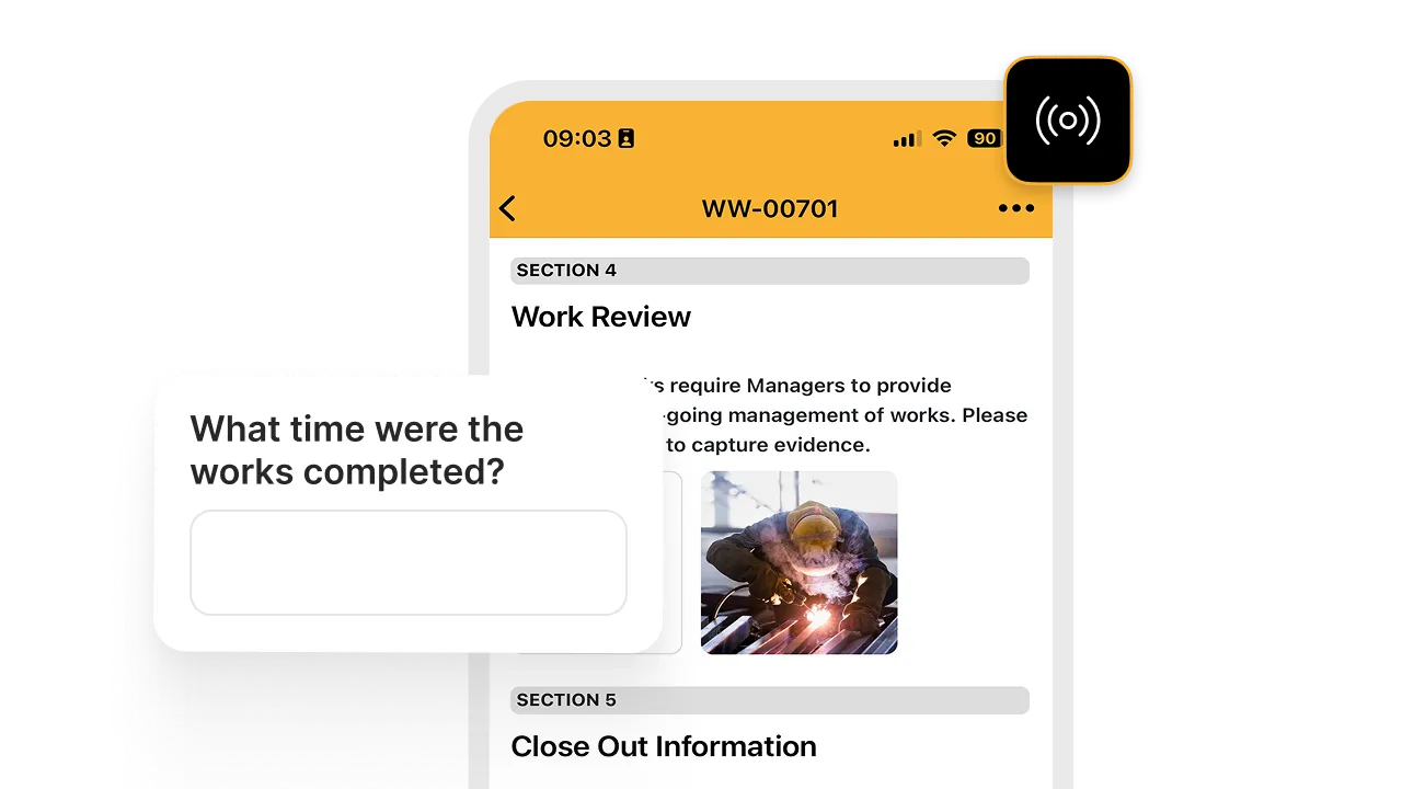 Work Wallet work review screen showing a welding photo and completion question