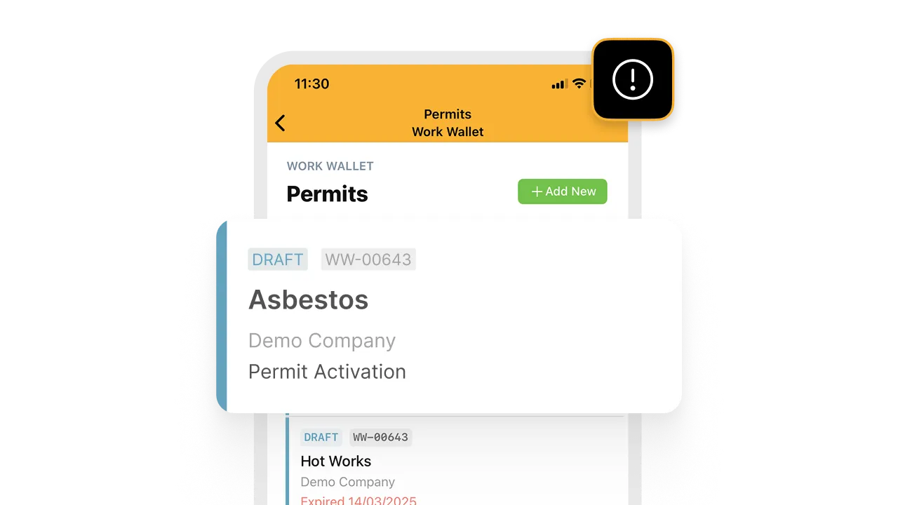 Mobile screen showing Work Wallet permits list including asbestos and hot works